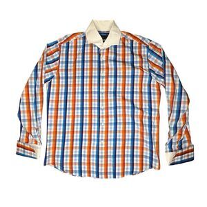 Tiglio Luxe Doppio Ritorio Sz 17 34/35 Cotton Button Shirt Blue Red Orange Plaid